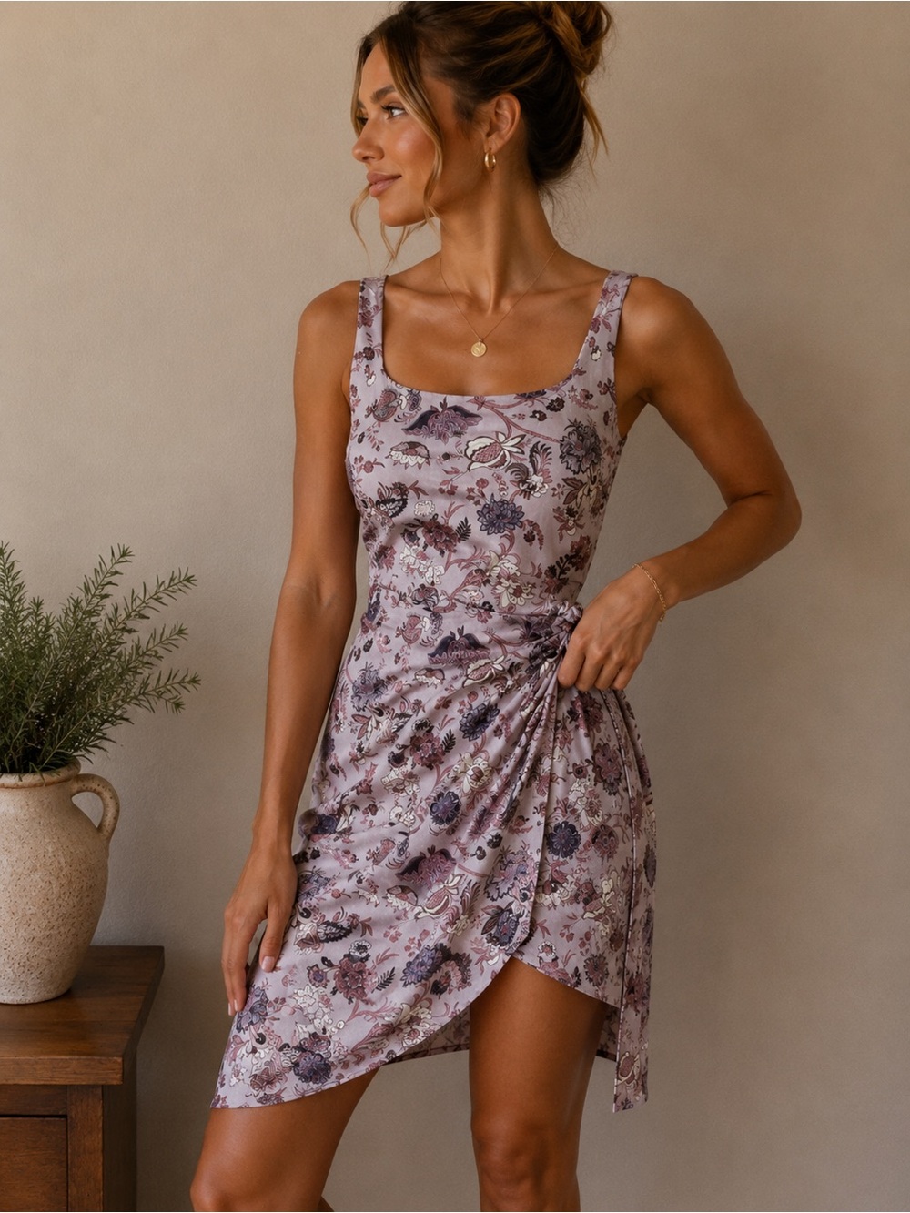 Wilfred Lavender Floral Scoop-Neck Wrap Mini Dress
